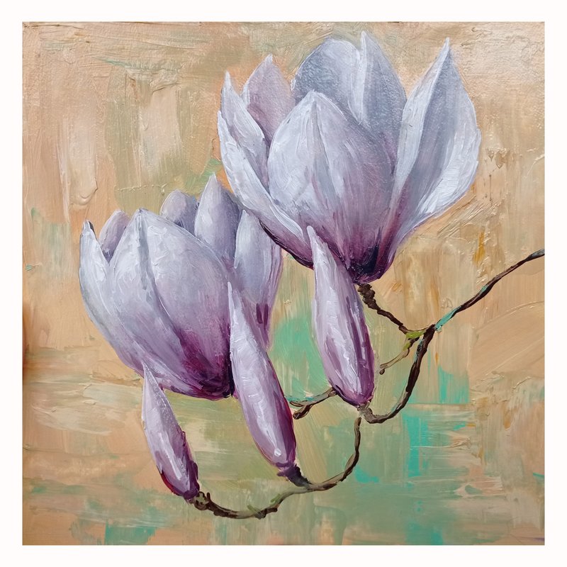 Magnolia Handmade Painting,Floral Original Artwork,Flower Beige Picture - 海报/装饰画/版画 - 其他材质 紫色