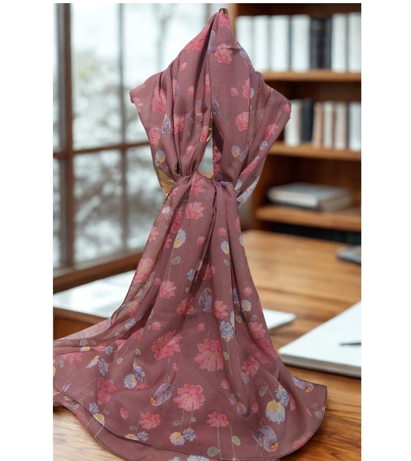 Jennie Tsai - 棉柔甜甜鸟语插画长丝巾-红色 - 丝巾 - 棉．麻 