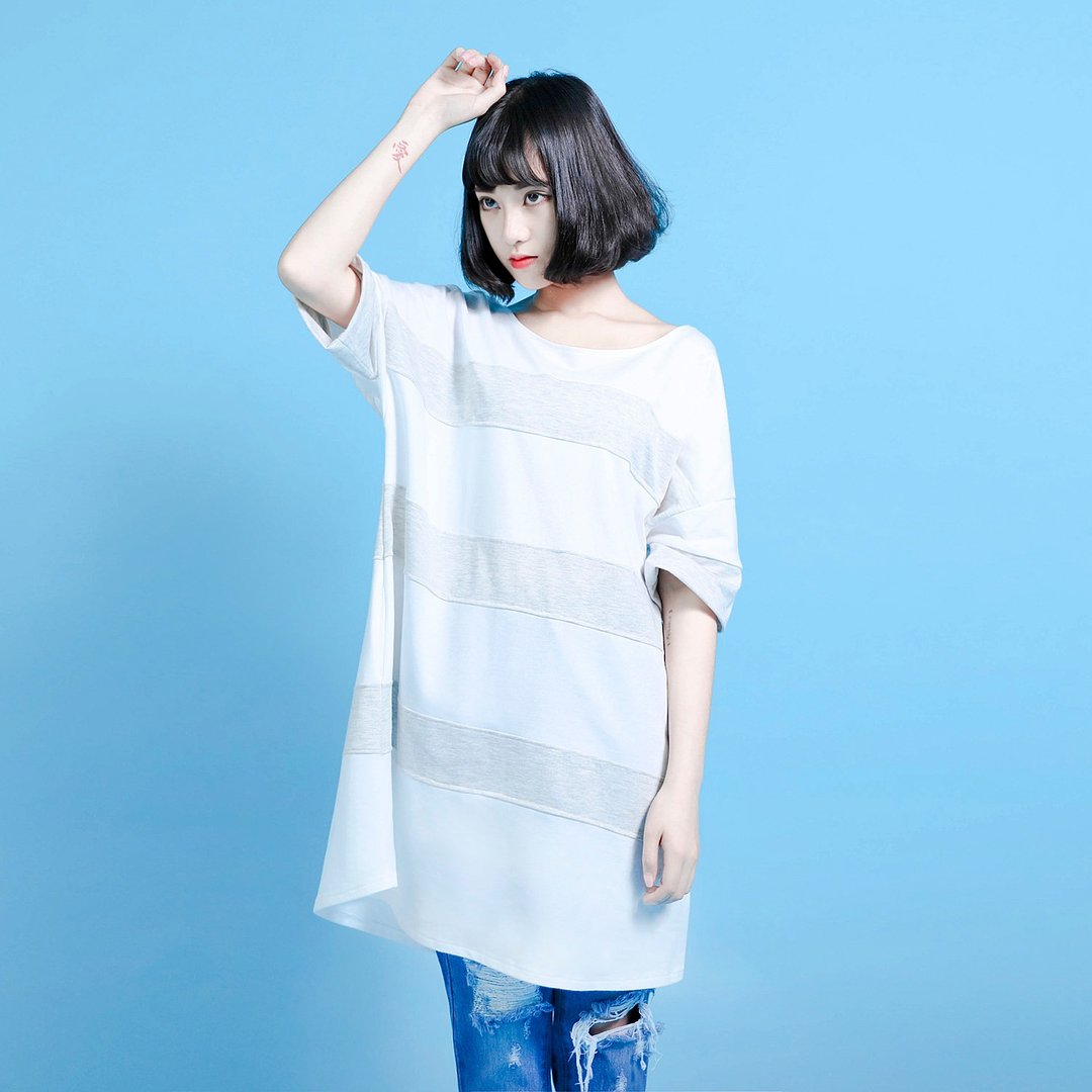 SU:MI said Element 元素条纹宽松上衣洋装_ 7SF001_灰白 - 洋装/连衣裙 - 棉．麻 多色