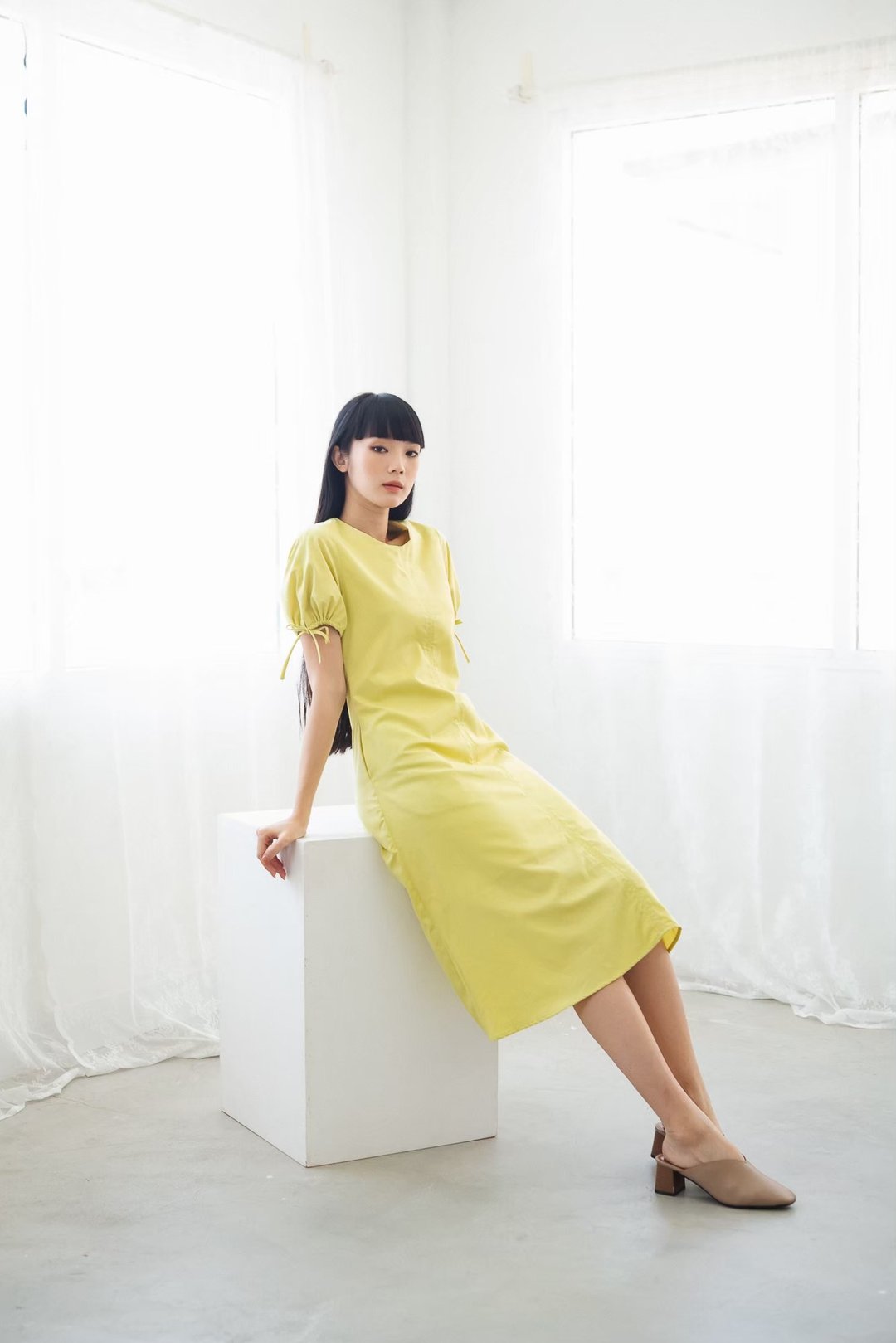 BIRUCHU A-LINE COTTON DRESS - 莱姆绿 棉麻 穿搭 短袖洋装 - 洋装/连衣裙 - 棉 黄色