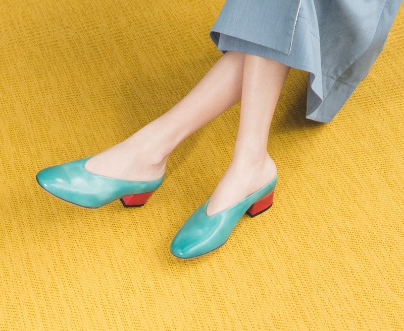 HTHREE 3.4圆头U领穆勒跟鞋 / 水浅葱 / Round Toe Umules Heels - 穆勒鞋 - 真皮 