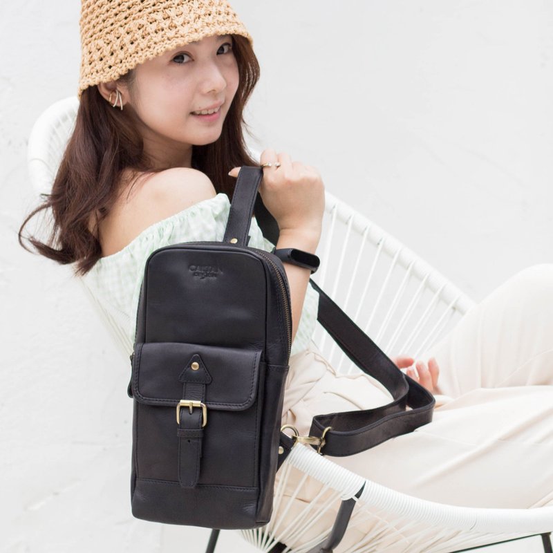 真皮/短夹 真皮休闲时尚扣饰单肩斜背/后背包-5306bk - 侧背包/斜挎包 - 真皮 黑色