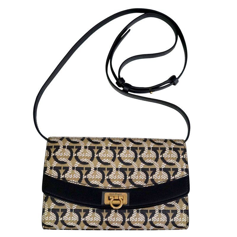 全新Salvatore Ferragamo真皮monogram小型礼服单边袋斜包包手袋 - 侧背包/斜挎包 - 真皮 卡其色