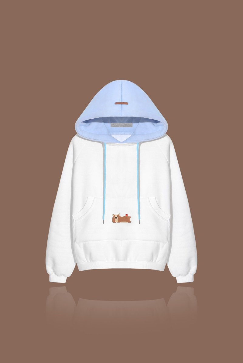 【最后一件】俏臀柯基／宁静蓝厚磅休闲帽踢 - 女装 T 恤 - 棉．麻 白色