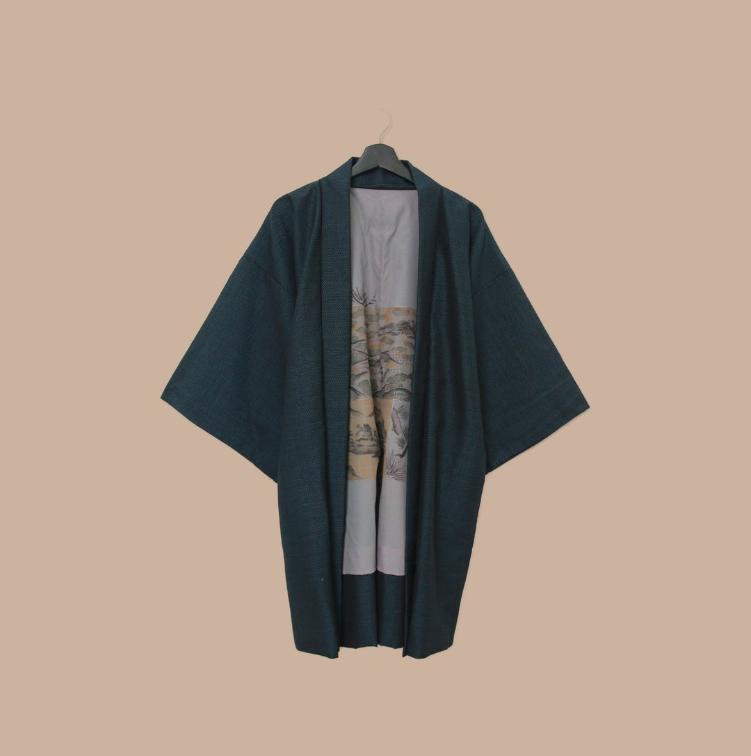 Back to Green-日本带回羽织 乡村农地 松枝M-21/vintage kimono - 女装休闲/机能外套 - 丝．绢 