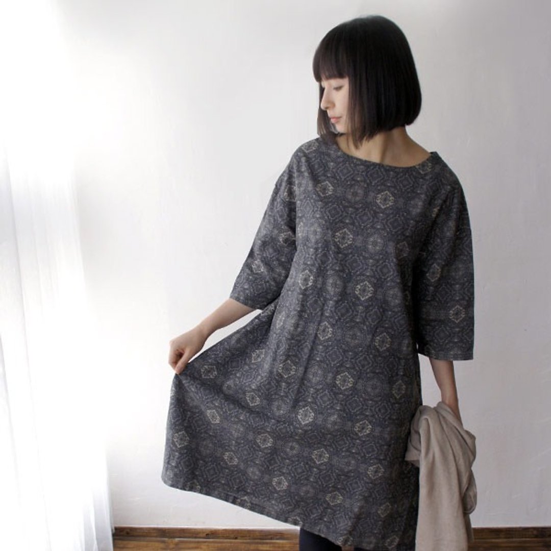 30％OFF【armoire*】100 ％ 纯棉印花布船领洋装 - 洋装/连衣裙 - 棉 灰色