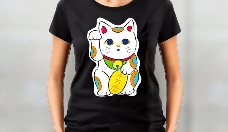 小饭团  招财猫 千万两 黑色中性短T - 女装 T 恤 - 棉．麻 黑色