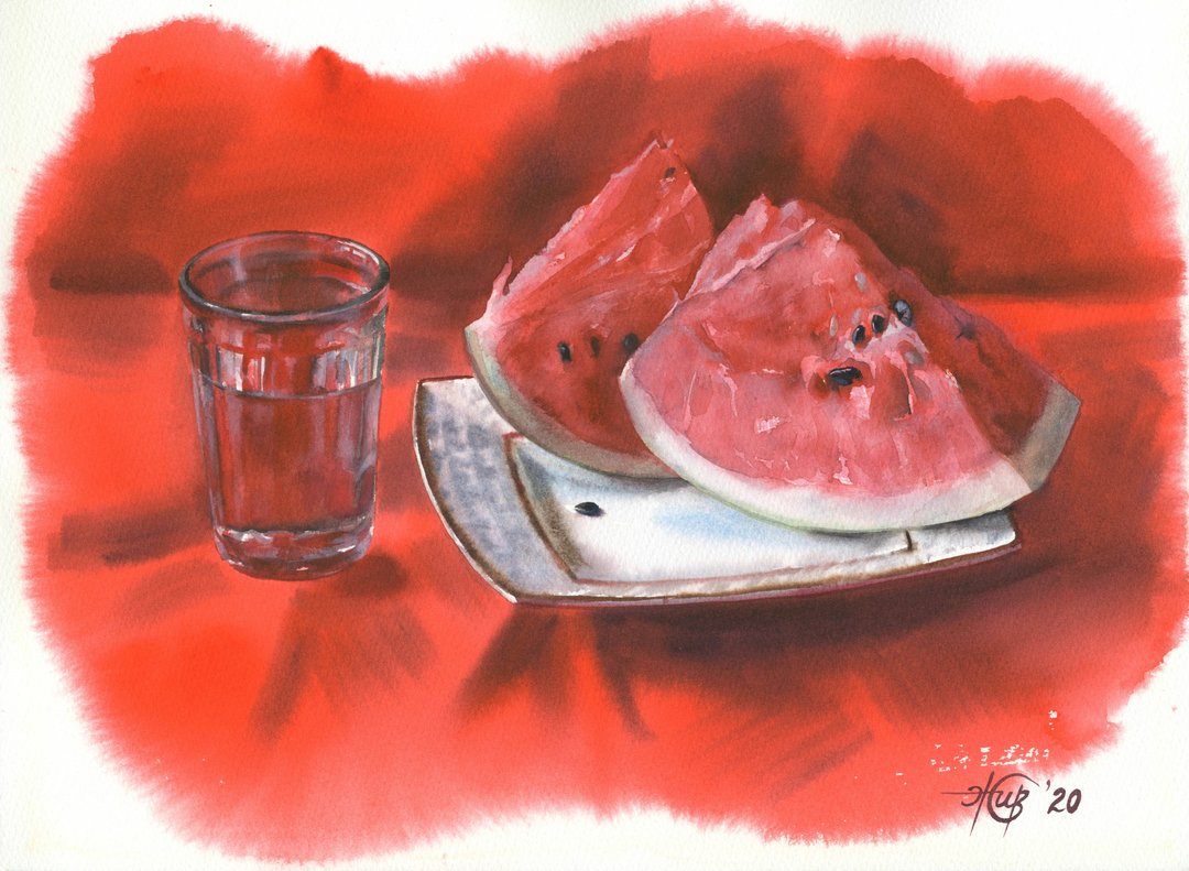 Fruit watermelon watercolor poster by artist Irina Zhunaeva - 海报/装饰画/版画 - 纸 多色