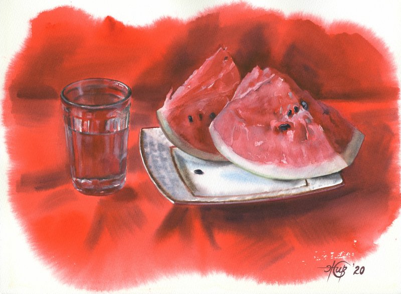 Fruit watermelon watercolor poster by artist Irina Zhunaeva - 海报/装饰画/版画 - 纸 多色