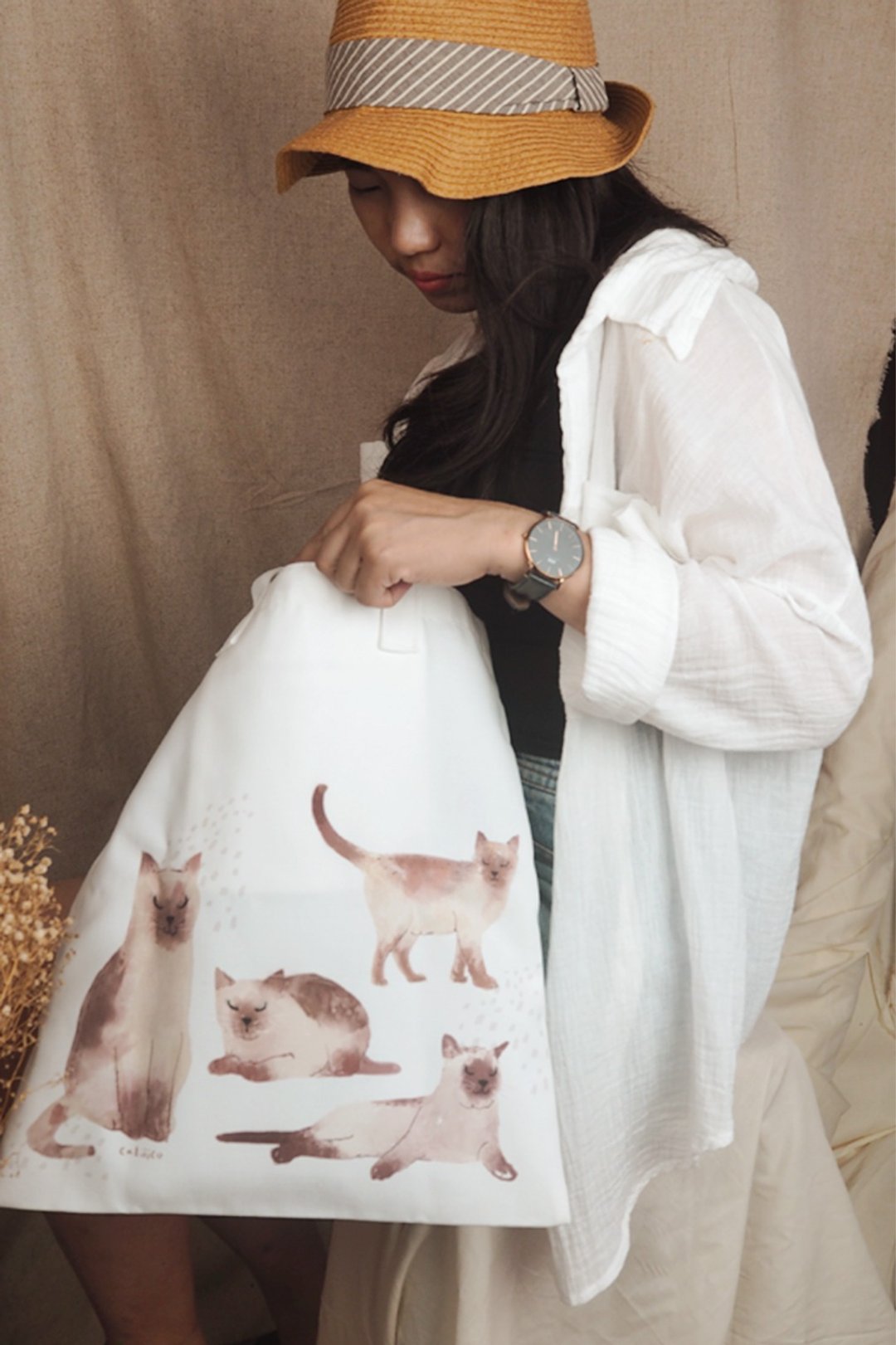 TOTE PRINT WITH SIAM CATS - 手提包/手提袋 - 棉 卡其色