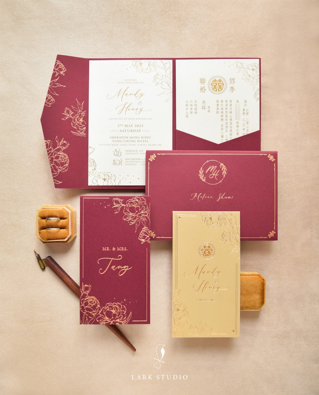 【定制化】中式牡丹花喜帖套装 - 喜帖 - 纸 红色