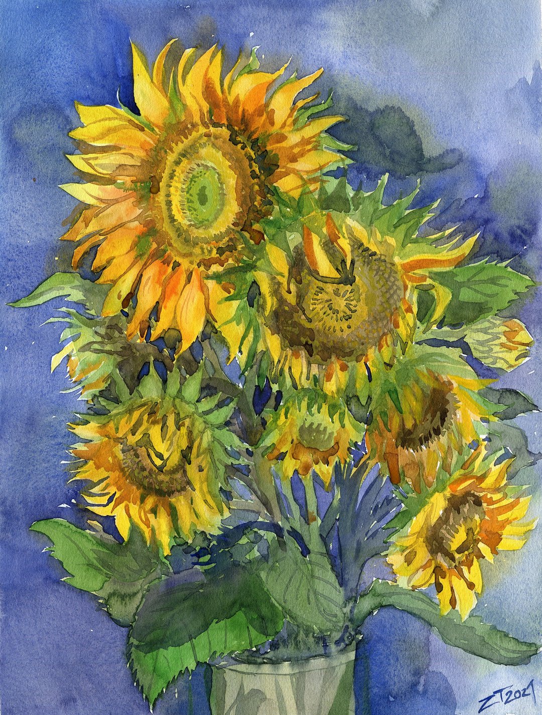 Watercolor original painting Sunflowers in a vase 11 x 16 in - 墙贴/壁贴 - 纸 黄色