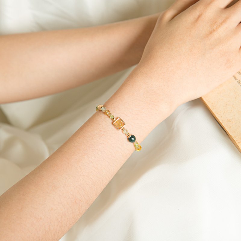 花砖 钛晶-绿水草玛瑙-黄水晶-橄榄石-葡萄石-14k包金材料 母亲节 - 手链/手环 - 其他金属 多色