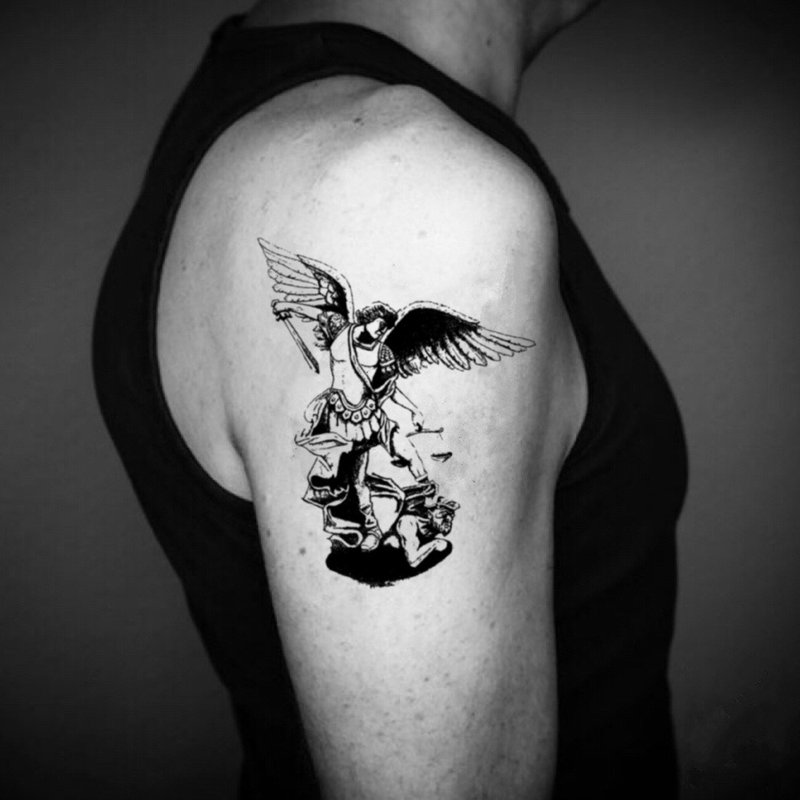 OhMyTat 圣迈克尔 St Michael 刺青图案纹身贴纸 (2 张) - 纹身贴 - 纸 黑色