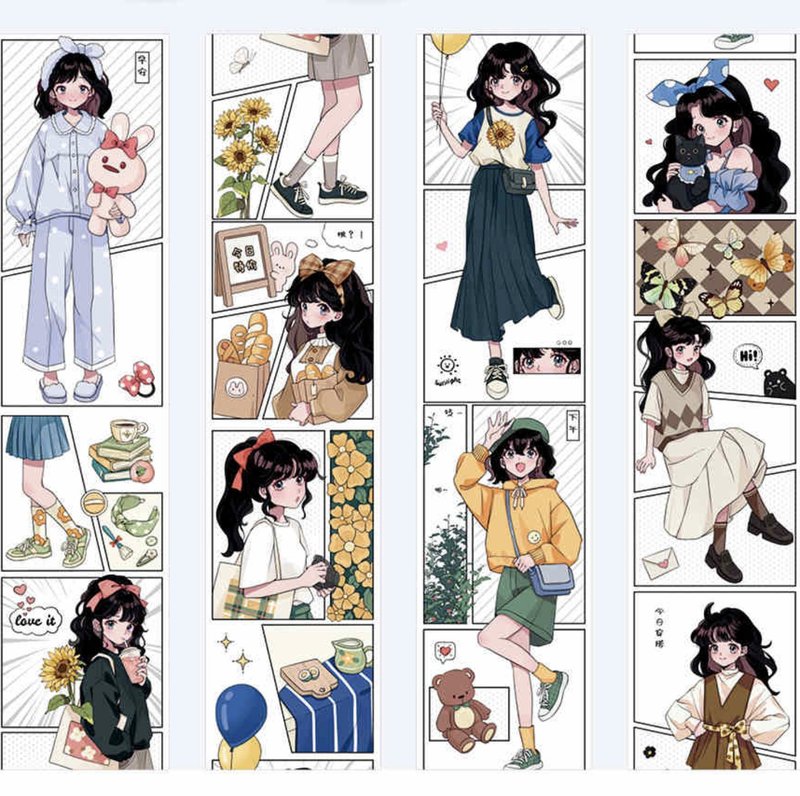 小米的一天 漫画少女 塩顏繪畫 PET 和紙膠帶 10米卷 - 纸胶带 - 其他材质 多色