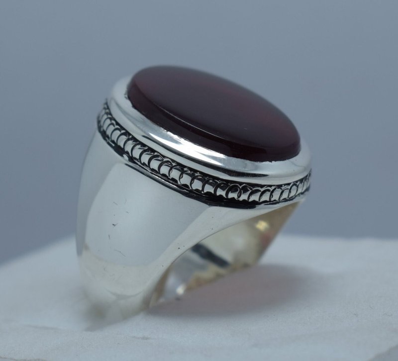 精致男士深血红也门亚喀克戒指 925 纯银手工制作 - 戒指 - 宝石 红色