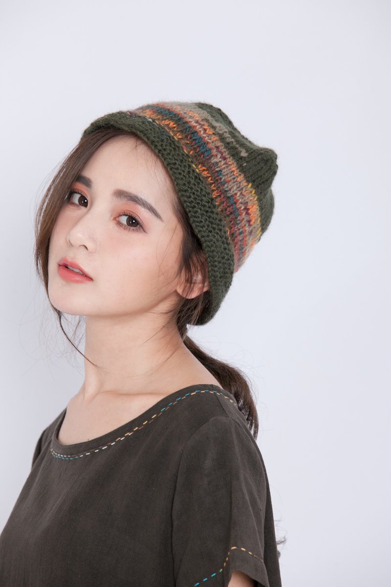 羊毛手织大地彩色渔夫帽＿公平贸易 - 帽子 - 羊毛 绿色