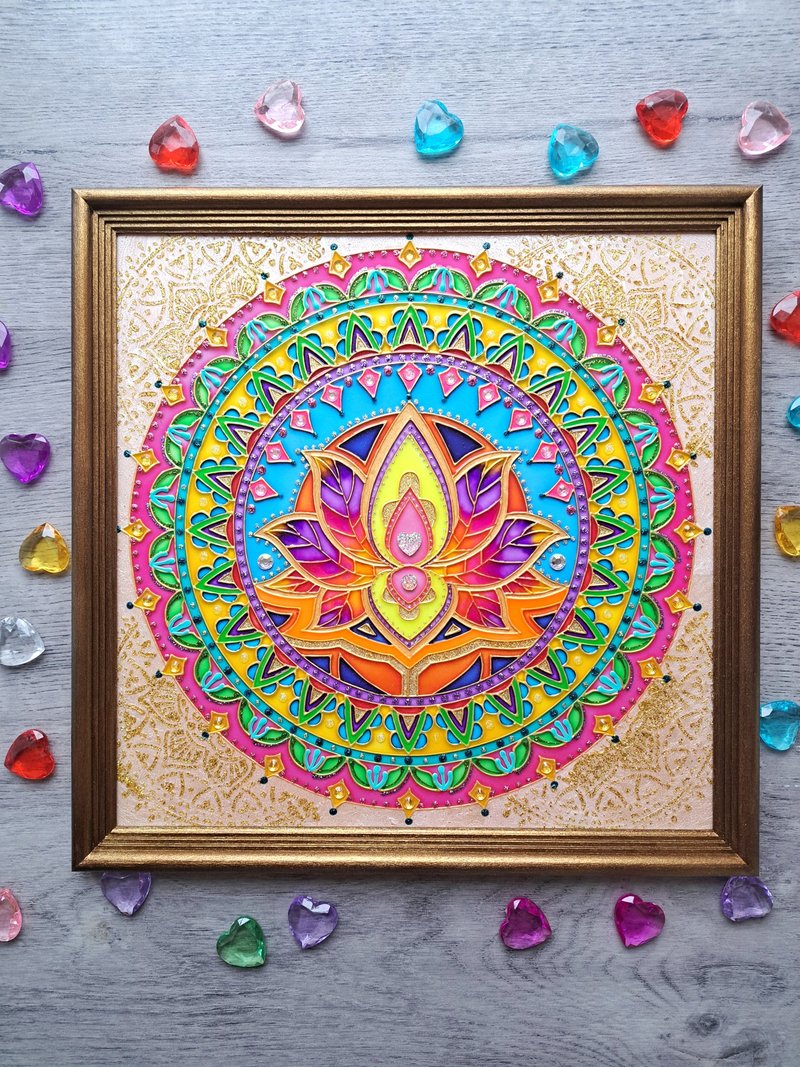 彩色玻璃愿望实现曼陀罗莲花原画冥想艺术 - 墙贴/壁贴 - 玻璃 粉红色