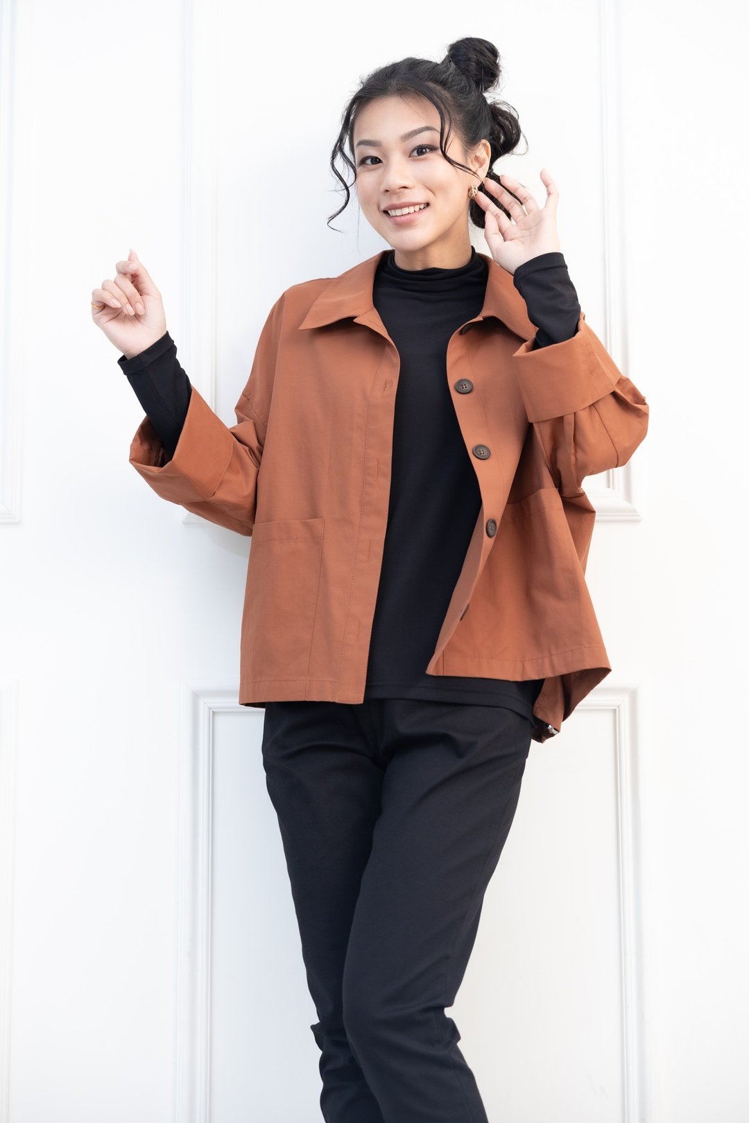 双口袋钮扣短版外套 砖橘色 - 女装休闲/机能外套 - 其他材质 橘色