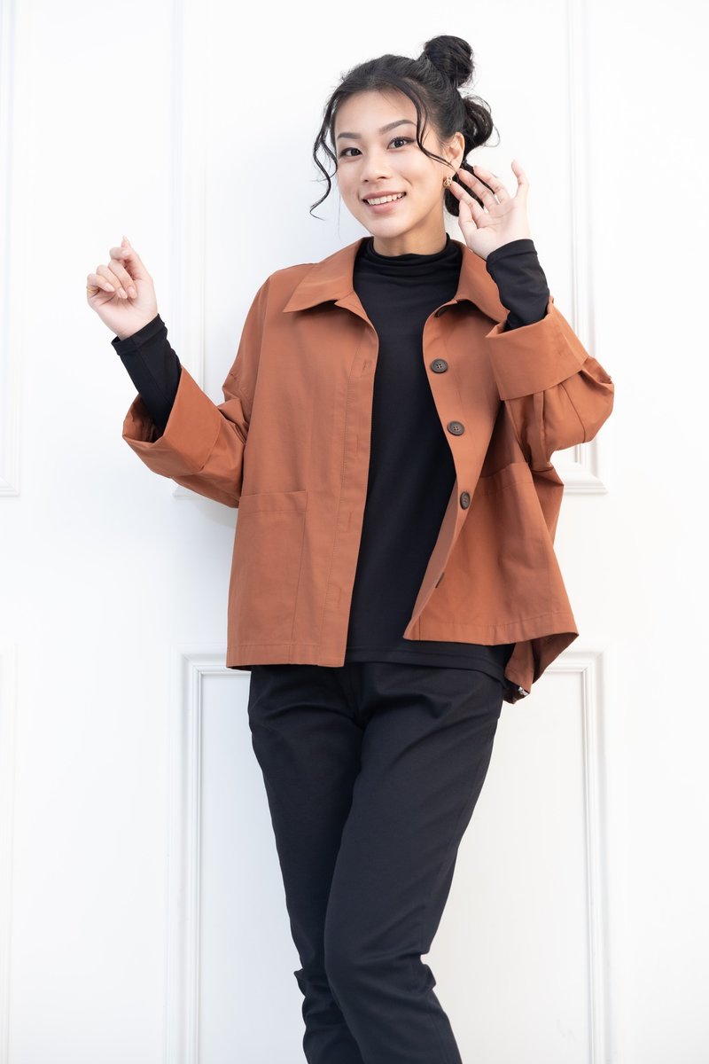双口袋钮扣短版外套 砖橘色 - 女装休闲/机能外套 - 其他材质 橘色