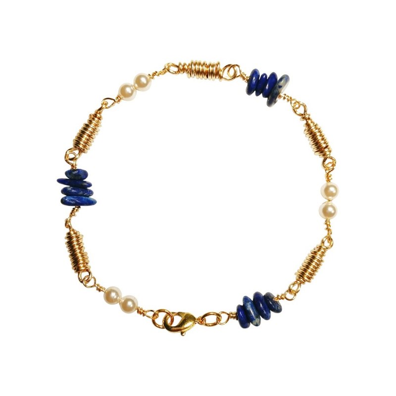 水晶珍珠 青金石 金色金属线绕环细手链 - 手链/手环 - 铜/黄铜 金色