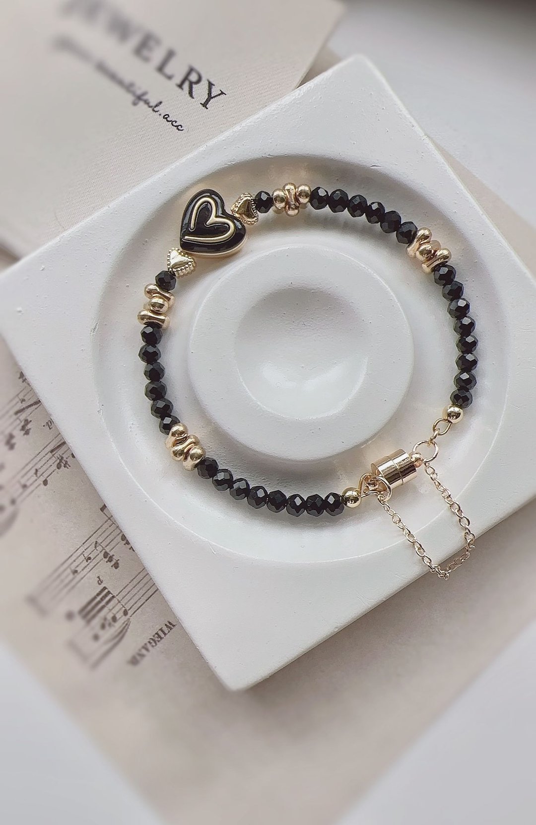 Black Crystal Beaded Bangle Bracelet - 手链/手环 - 纯银 黑色