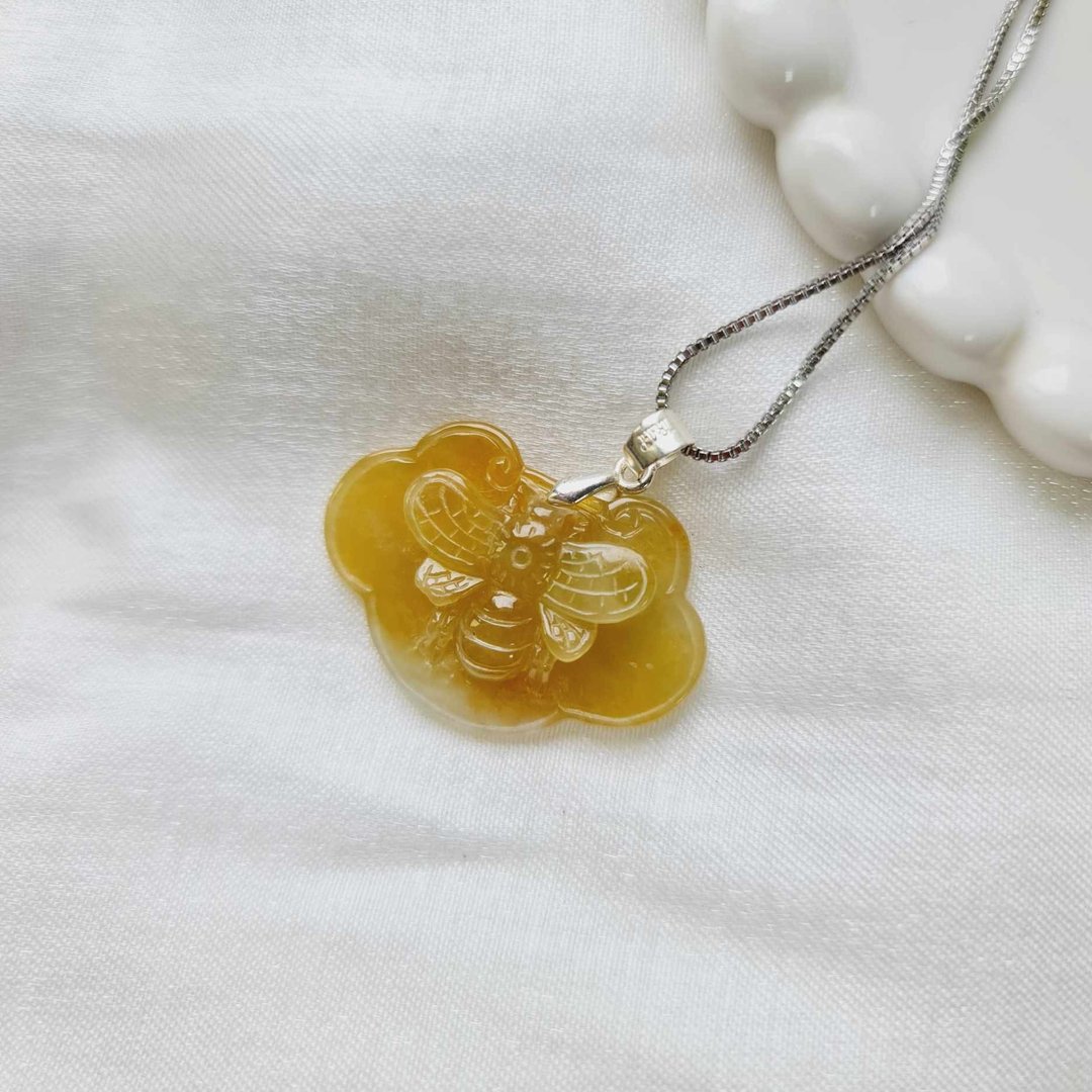 设计款冰黄蝴蝶吊坠 | 天然缅甸玉A货翡翠 - 项链 - 玉石 