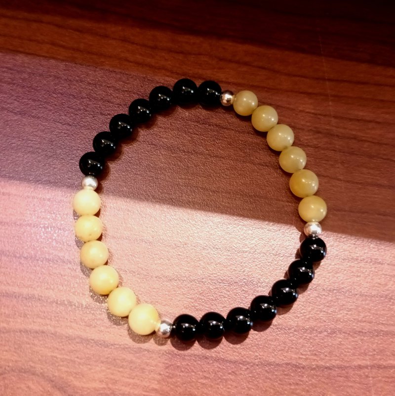 珠串设计手链 925银+黄玉+黑曜石/双色跳色简洁手链 - 手链/手环 - 玉石 黄色