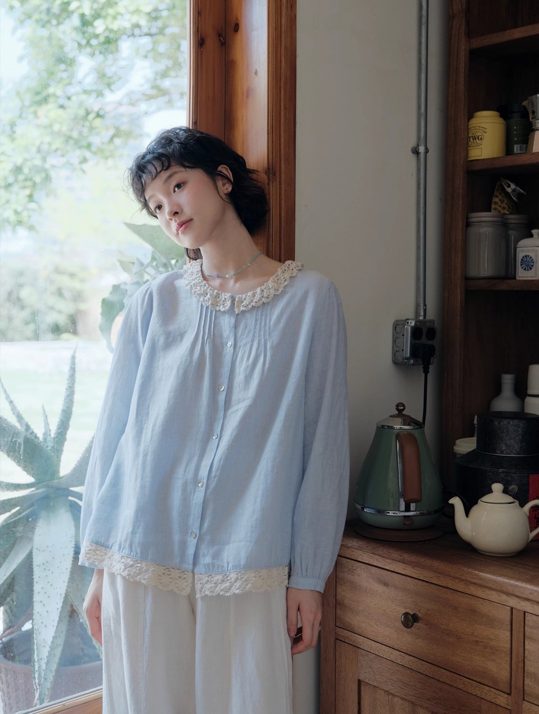 棉麻花边领细条纹衬衫长袖 - 女装衬衫 - 棉 多色