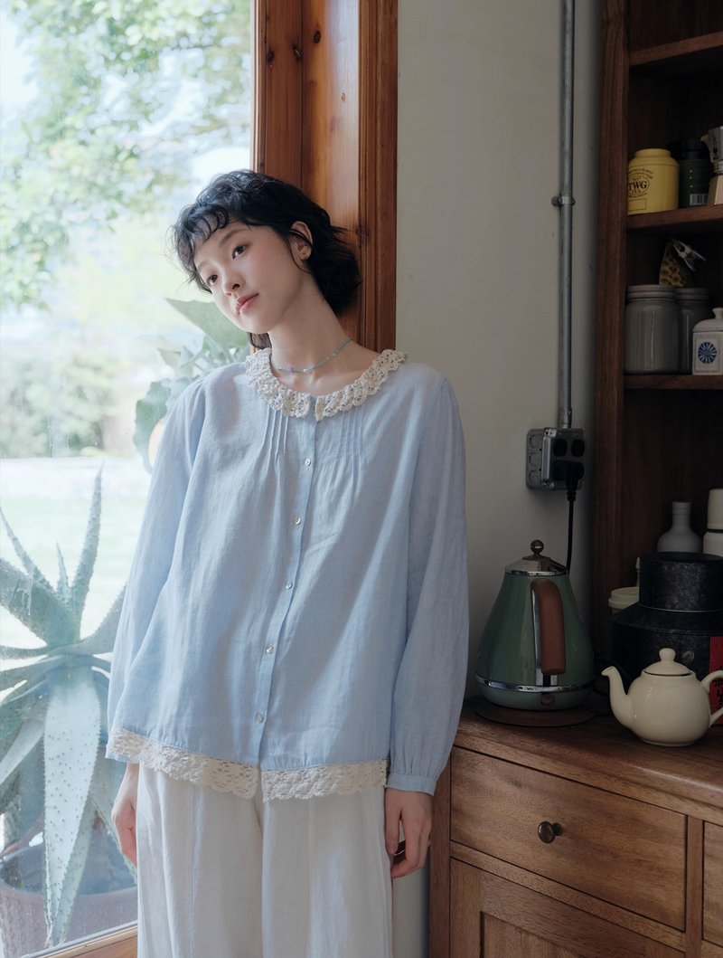 棉麻花边领细条纹衬衫长袖 - 女装衬衫 - 棉．麻 多色