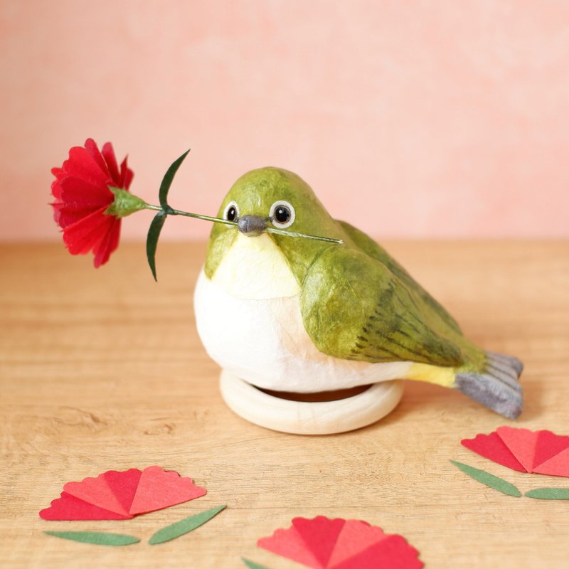 母亲节礼品、绣眼鸟礼品、康乃馨和绣眼鸟摆饰、和纸花痴、和纸室内装饰 - 摆饰 - 纸 绿色
