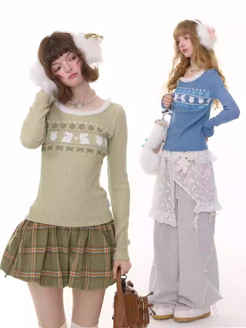 ziziFei秋冬季美式修身显瘦毛毛领口长袖T恤兔子印花针织打底衫女 - 女装针织衫/毛衣 - 聚酯纤维 