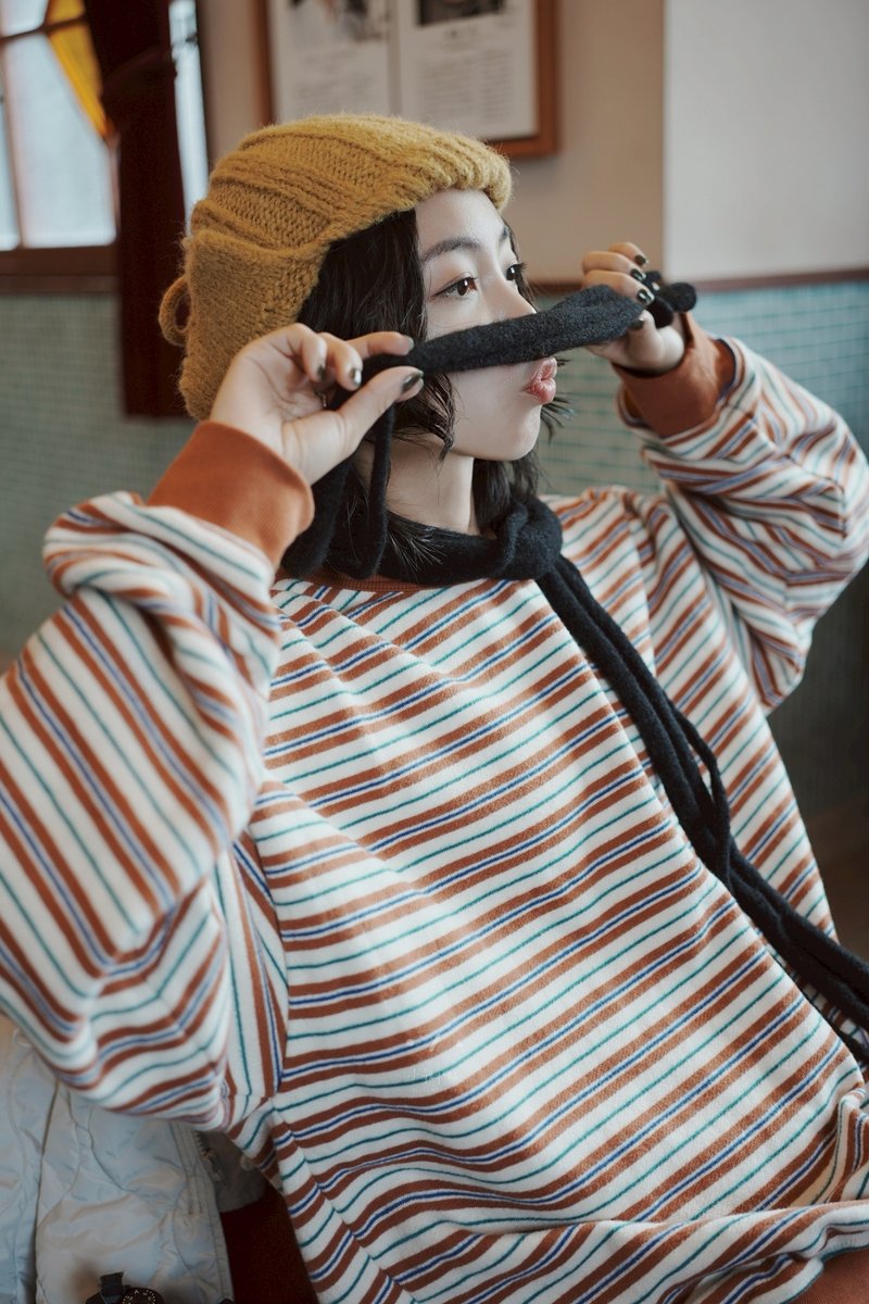 小豆岛条纹磨毛宽松长袖 - 2色 - 女装 T 恤 - 棉．麻 咖啡色