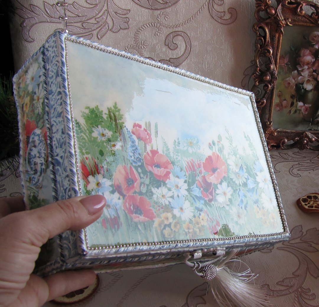 Tea box, Trinket Box,Poppies Box,Glossy casket,Summer jewelry box,Kitchen decor - 收纳用品 - 木头 蓝色