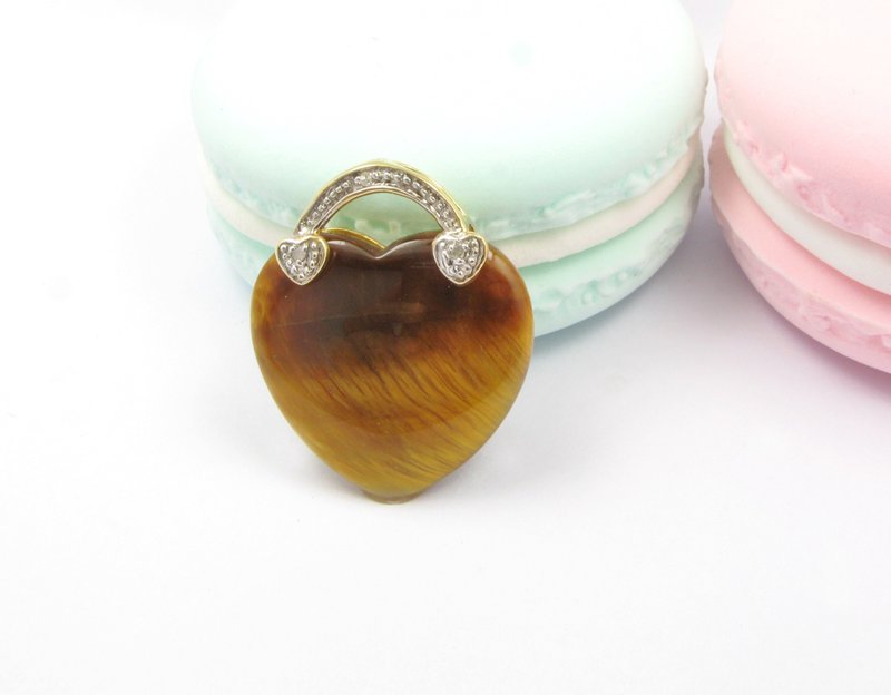 14K 黄金 心形虎眼石 镶嵌小钻石吊坠 (包邮) - 项链 - 半宝石 蓝色