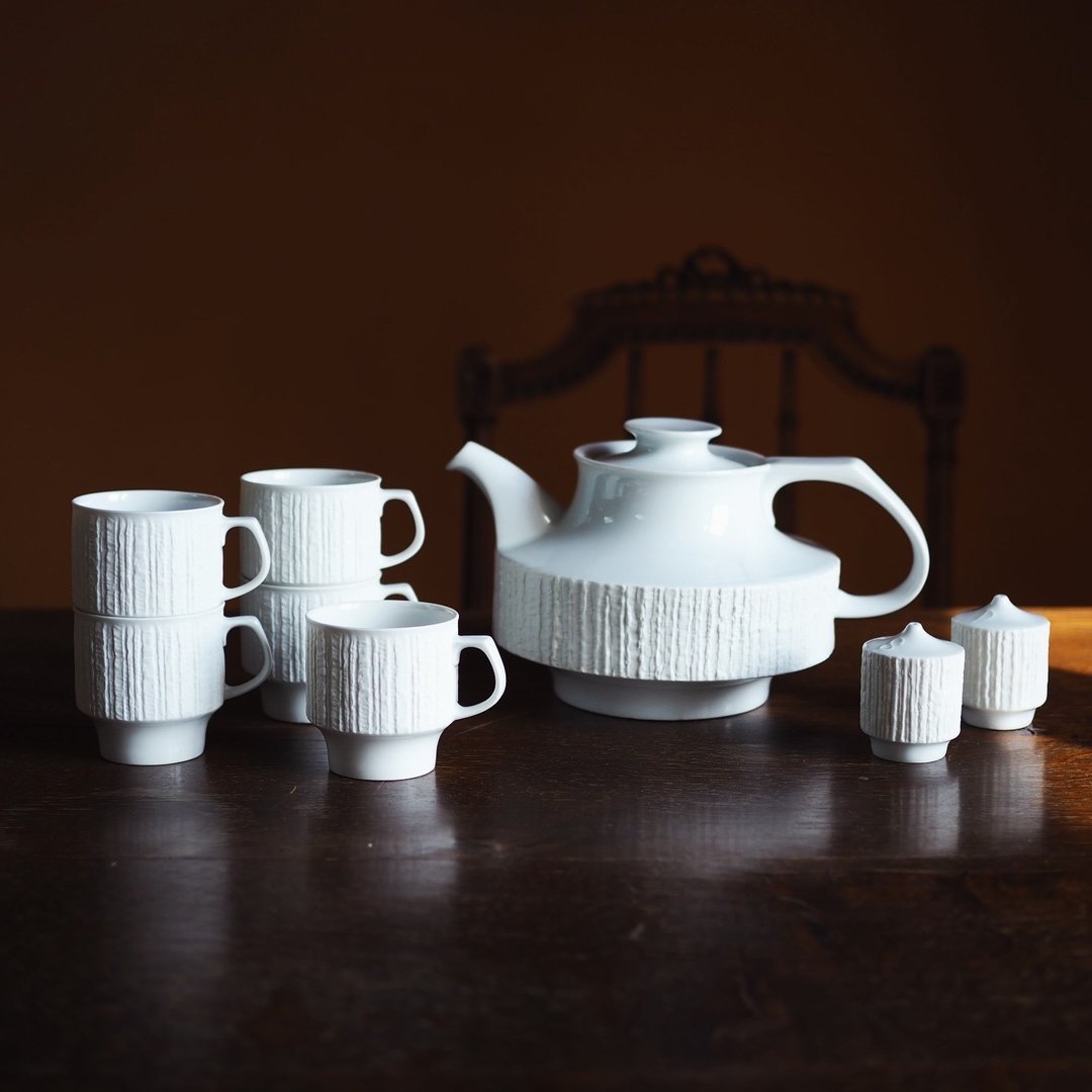 1960年 德国 Thomas 白色瓷器套装 / 茶壶+茶杯+盐和胡椒瓶 - 茶具/茶杯 - 陶 白色