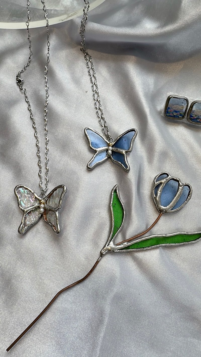 镶嵌玻璃凤蝶珍珠短链 - 项链 - 玻璃 