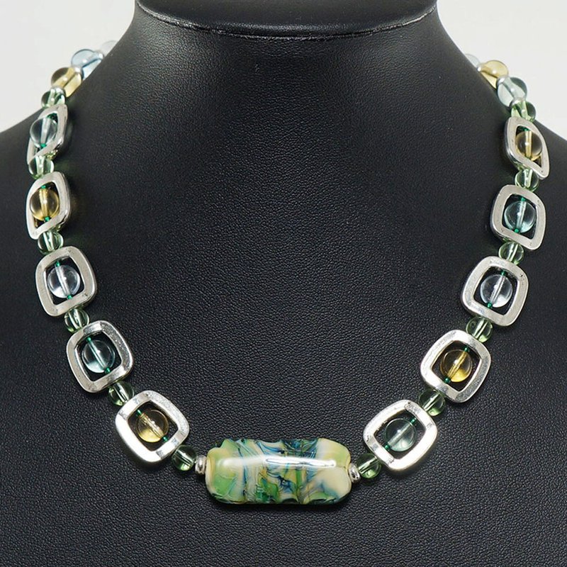 Mint Green Yellow Lampwork Murano Glass Geometric Necklace Woman Jewelry Gift - 项链 - 玻璃 绿色