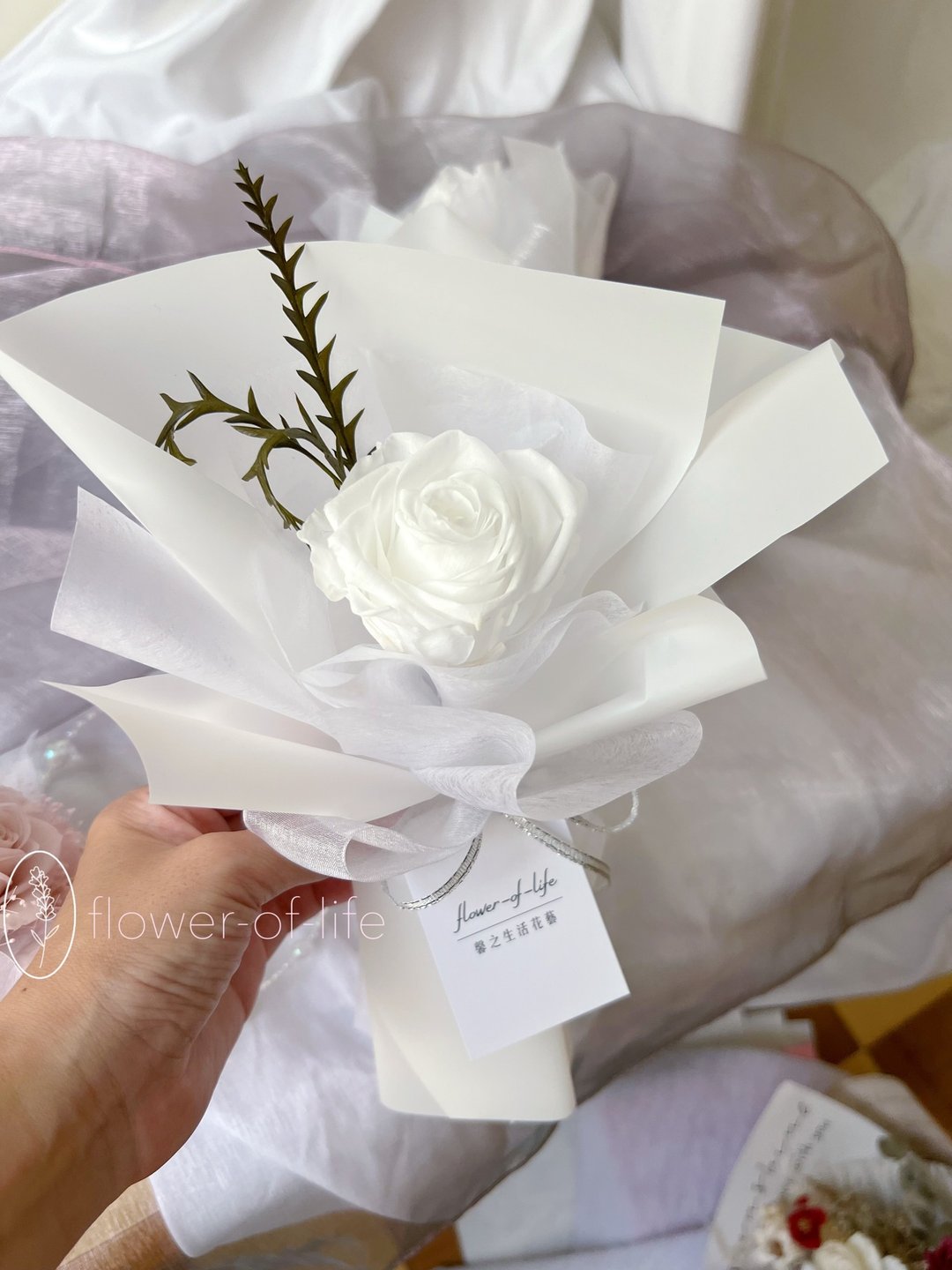 【flower-of-life】纯洁之爱 永生白玫瑰花束 日常花束 韩系花束 - 干燥花/捧花 - 植物．花 白色