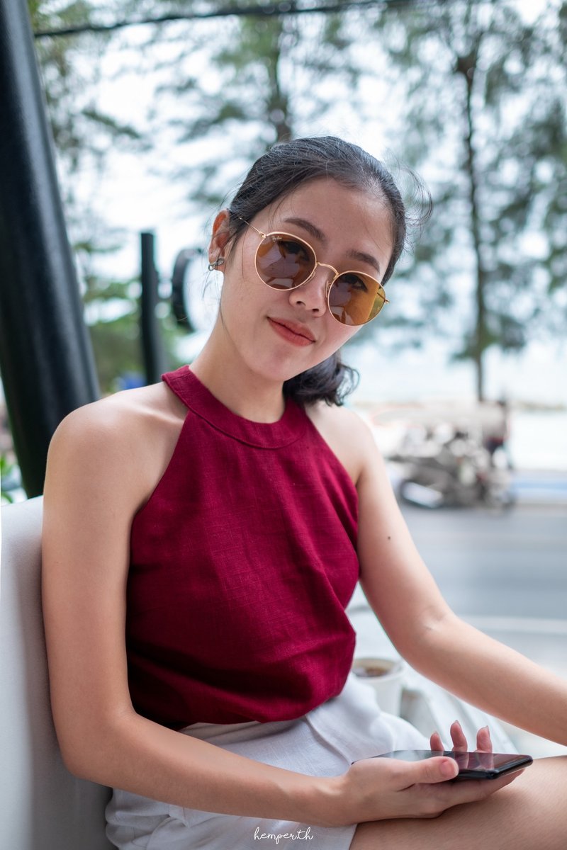 Mock neck top - Hemp100% in Red - 女装上衣 - 其他材质 红色