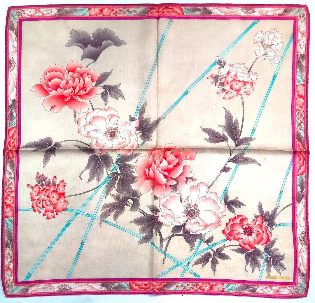 复古 Leonard 丝绸丝巾 牡丹花卉印花 20 x 20 英寸 - 丝巾 - 棉．麻 红色