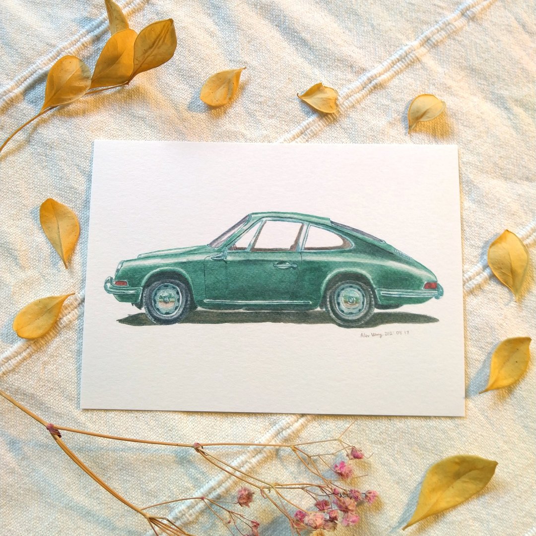 保时捷911S / 单张插画明信片 / B7尺寸 - 卡片/明信片 - 纸 绿色
