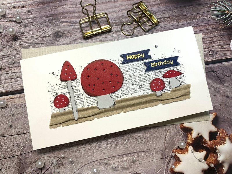 蘑菇系列_生日卡片_happy birthday_蓝金 - 卡片/明信片 - 纸 白色