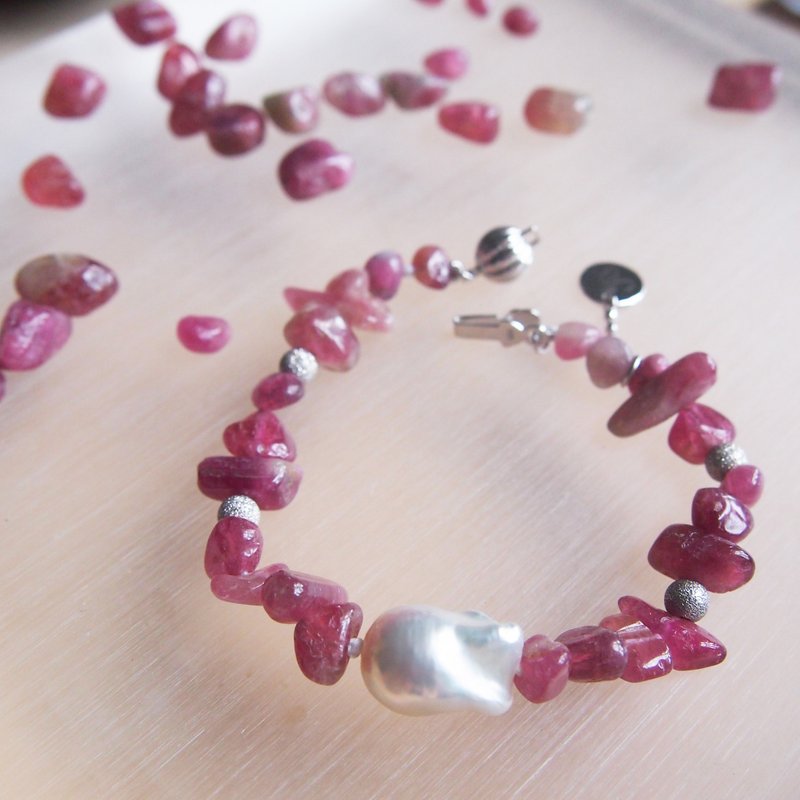 天然碧玺。十月诞生石 配不规则天然珍珠 手链 - 手链/手环 - 宝石 红色