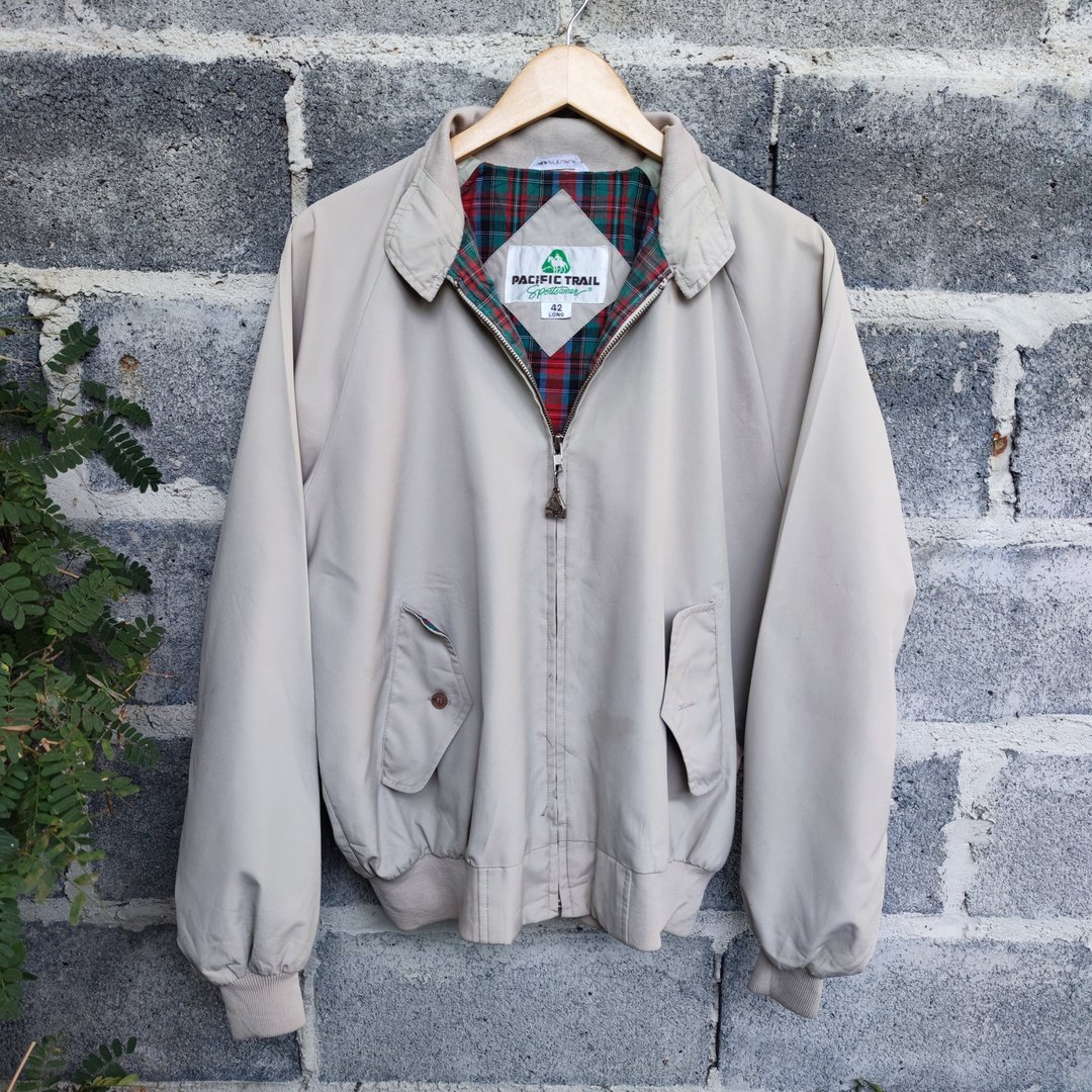 90年代复古夹克 Pacific Trail Tartan Plaid 内衬米色 Harrington 夹克 - 男装外套 - 棉 卡其色