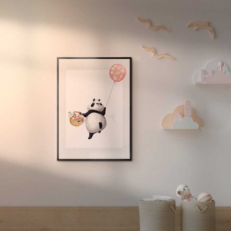 熊猫翱翔天际 - 手绘疗愈熊猫挂画/送礼小物/儿童房装饰画 - 海报/装饰画/版画 - 棉．麻 黑色