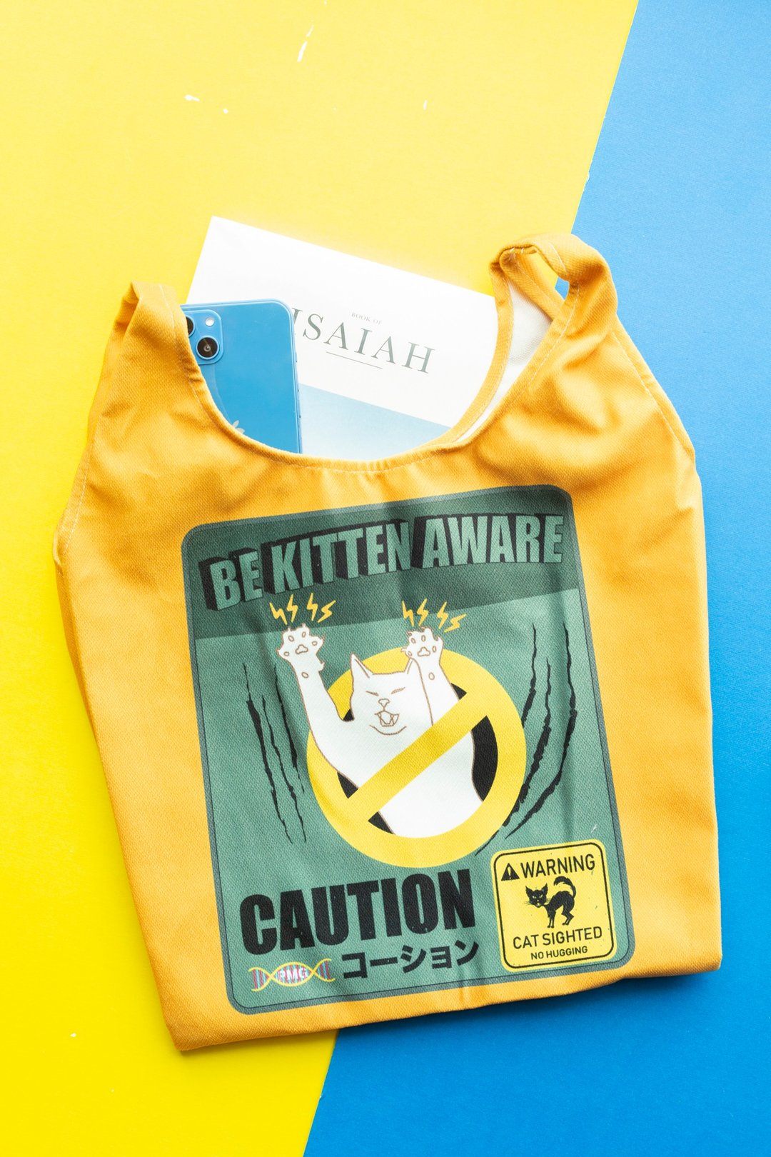 猫奴主题手提袋 Kitten Caution【 可定制 】 麻棉材质 - 手提包/手提袋 - 棉 黄色