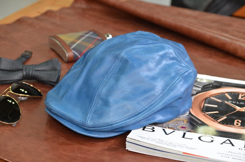 狩猎帽 MAJORLIN 独特色泽 超轻牛皮扁帽 天蓝色 仿旧复古蜡 - 帽子 - 真皮 蓝色