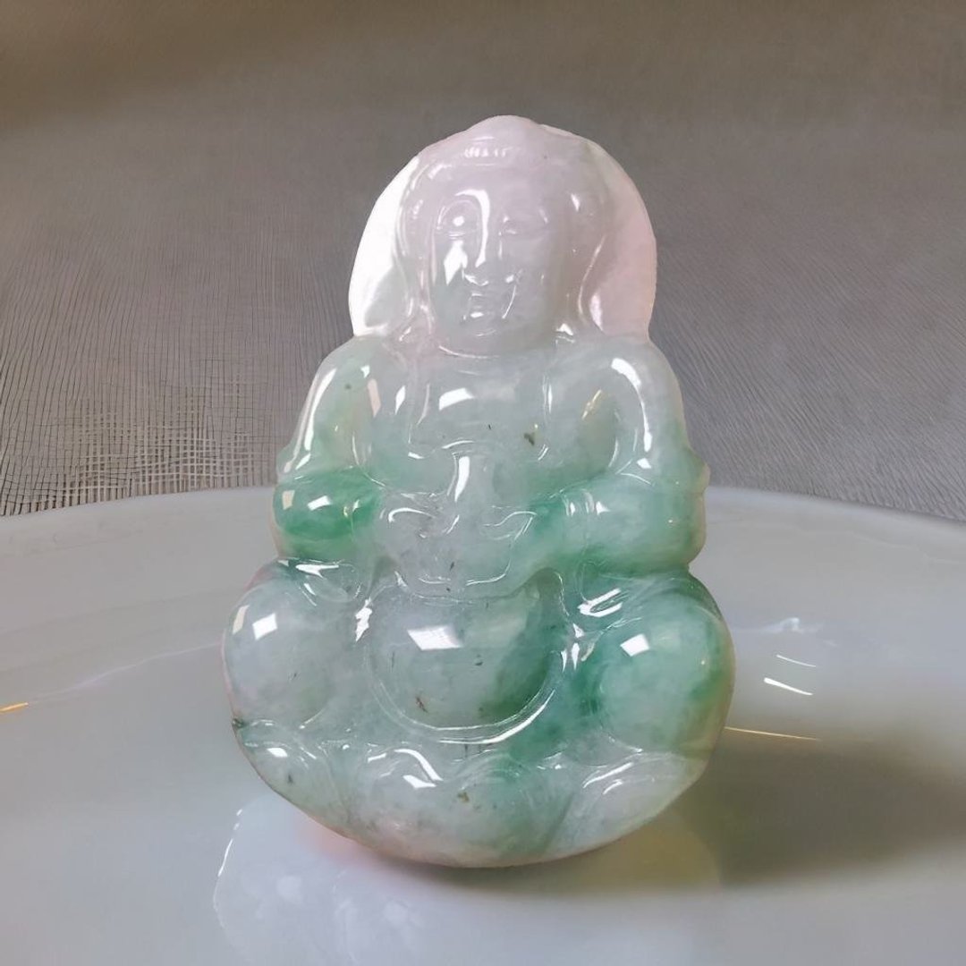 飘绿花翡翠宝瓶观音菩萨 | 天然缅甸玉A货翡翠 | 送礼 - 项链 - 玉石 绿色