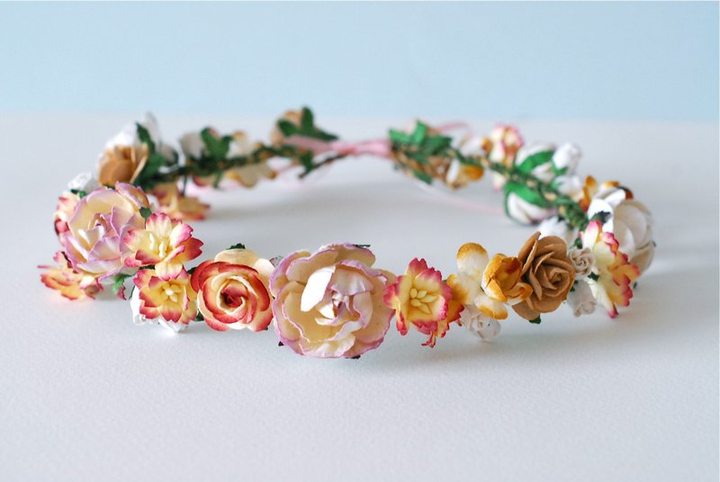 Paper Flower, Bridal flower crown, headband, rust, purple brush, dark brown brush ivory, dark red brush, white, brown and ivory color. - 发饰 - 纸 